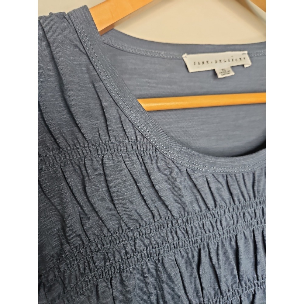 Jane + Delancey Blouse XL Blue Gray Puff Sleeve Smocked Cotton Coastal Boho Chic - Picture 8 of 14